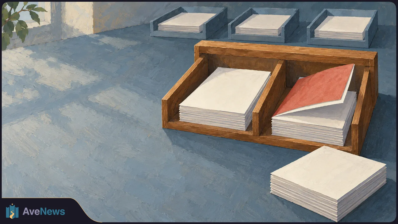 Painted illustration of two paper-filled compartments in a wooden desk organizer, one topped with a red sheet; three smaller paper trays sit behind it. SI illustration