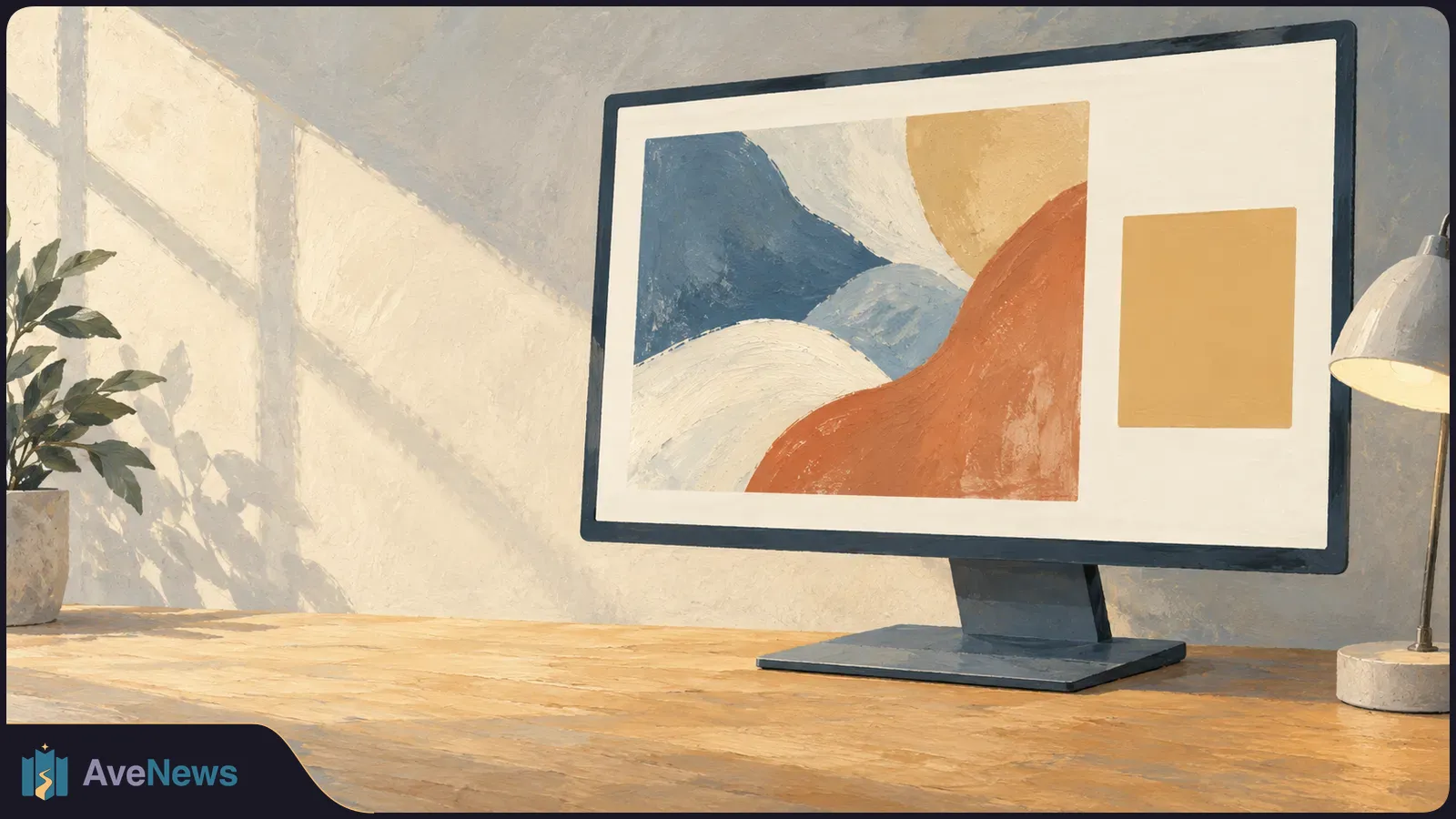 A painted desk scene shows a monitor with abstract blue, cream and rust artwork beside a separate mustard rectangle. A plant and lamp flank the screen. SI illustration