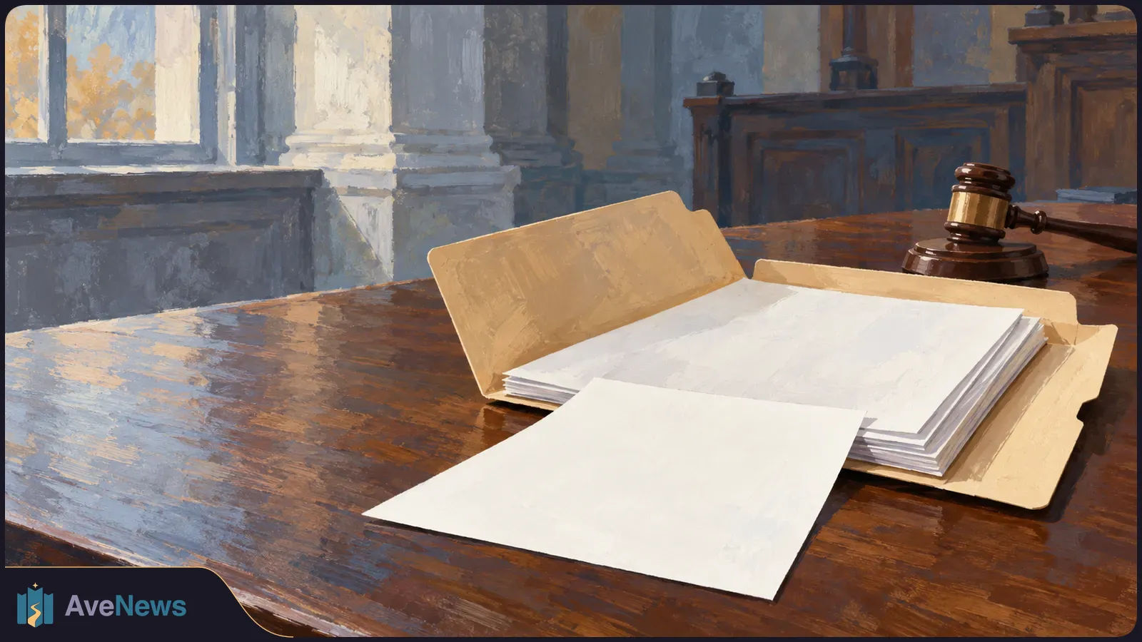 Illustration of blank papers and an open folder on a wooden courtroom table, with a judge’s gavel in the background. SI illustration