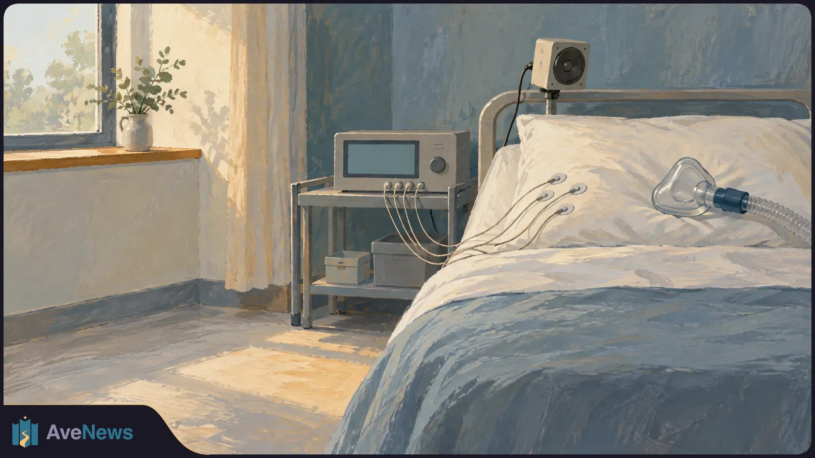 Painted empty hospital bed with an oxygen mask and sensor leads resting on the pillow, a blank bedside monitor, and sunlight through a window. SI illustration