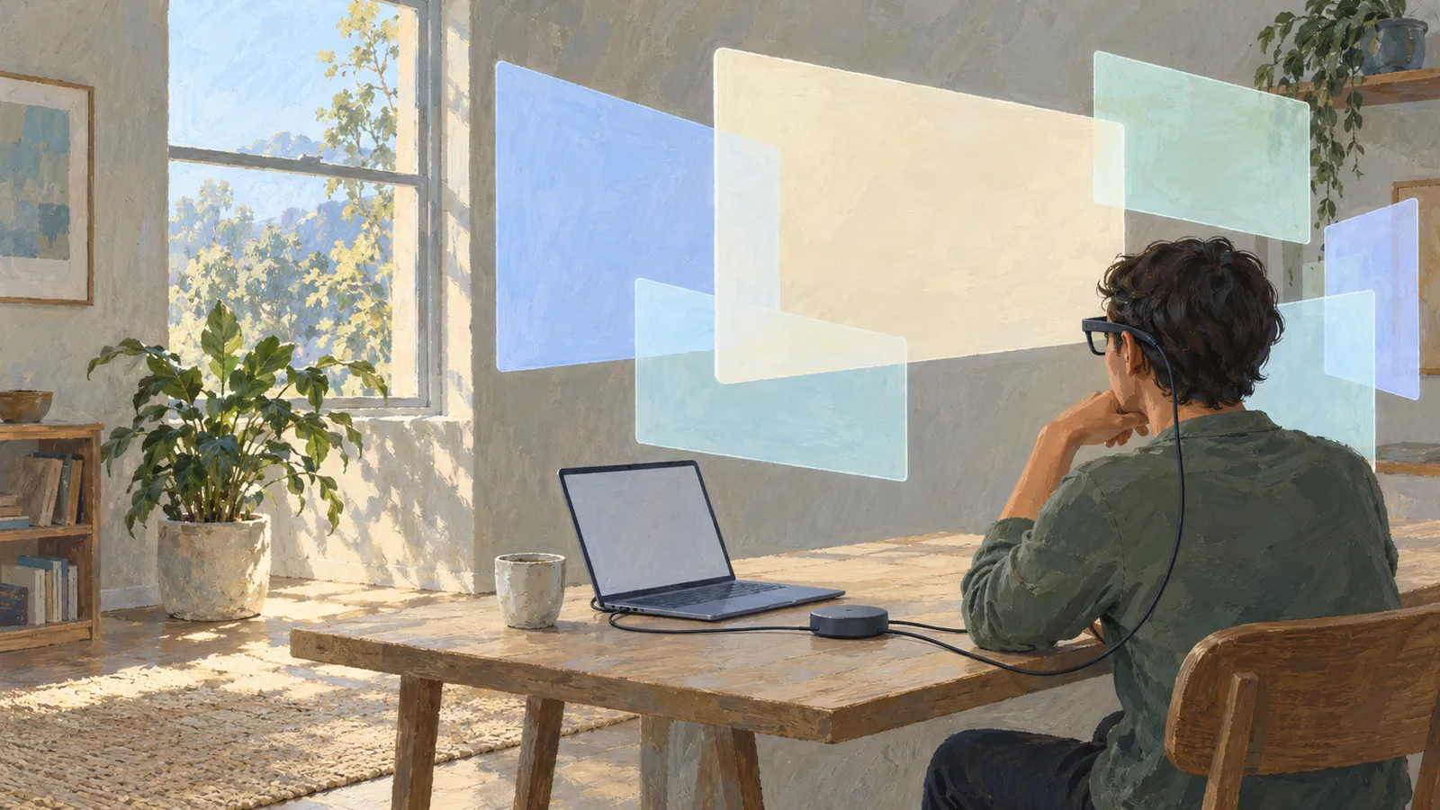 A painted scene shows a person wearing wired glasses at a table with a laptop and a small round device, facing blank translucent panels in a sunlit room. SI illustration