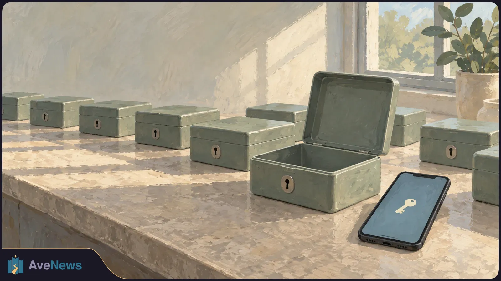 A phone showing a key symbol lies beside an open lockbox, with rows of closed lockboxes across a sunlit counter. SI illustration