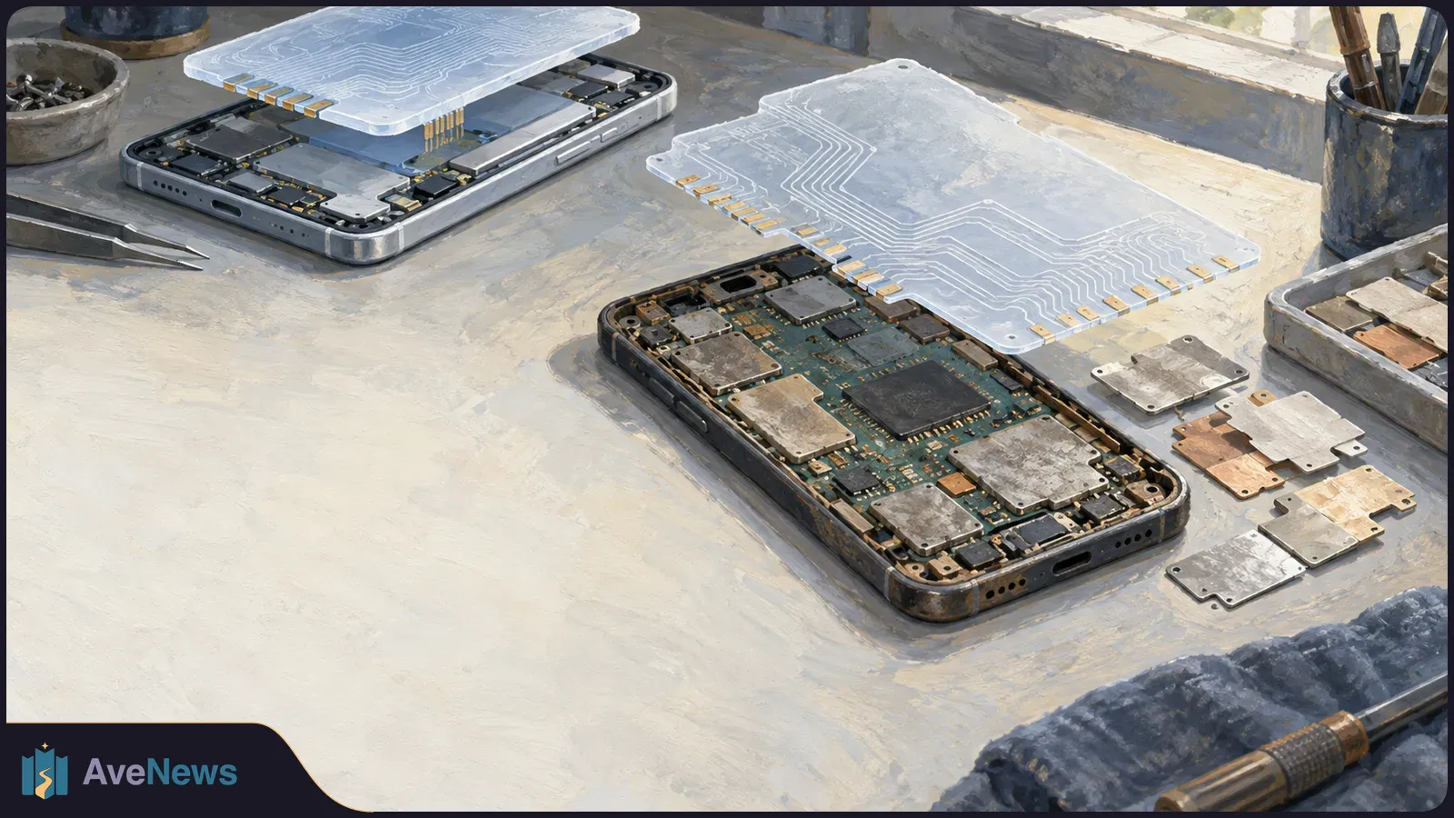 Painted illustration of two opened smartphones on a workbench, with translucent circuit-patterned panels hovering above them and repair tools nearby. SI illustration