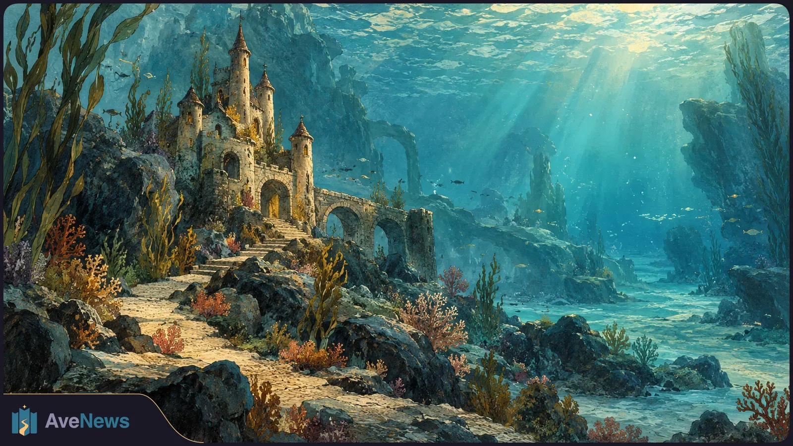 Illustrated underwater castle among rocks, coral and seaweed, with a sandy path leading to its gate. Sunbeams filter through the water as small fish swim nearby. SI illustration