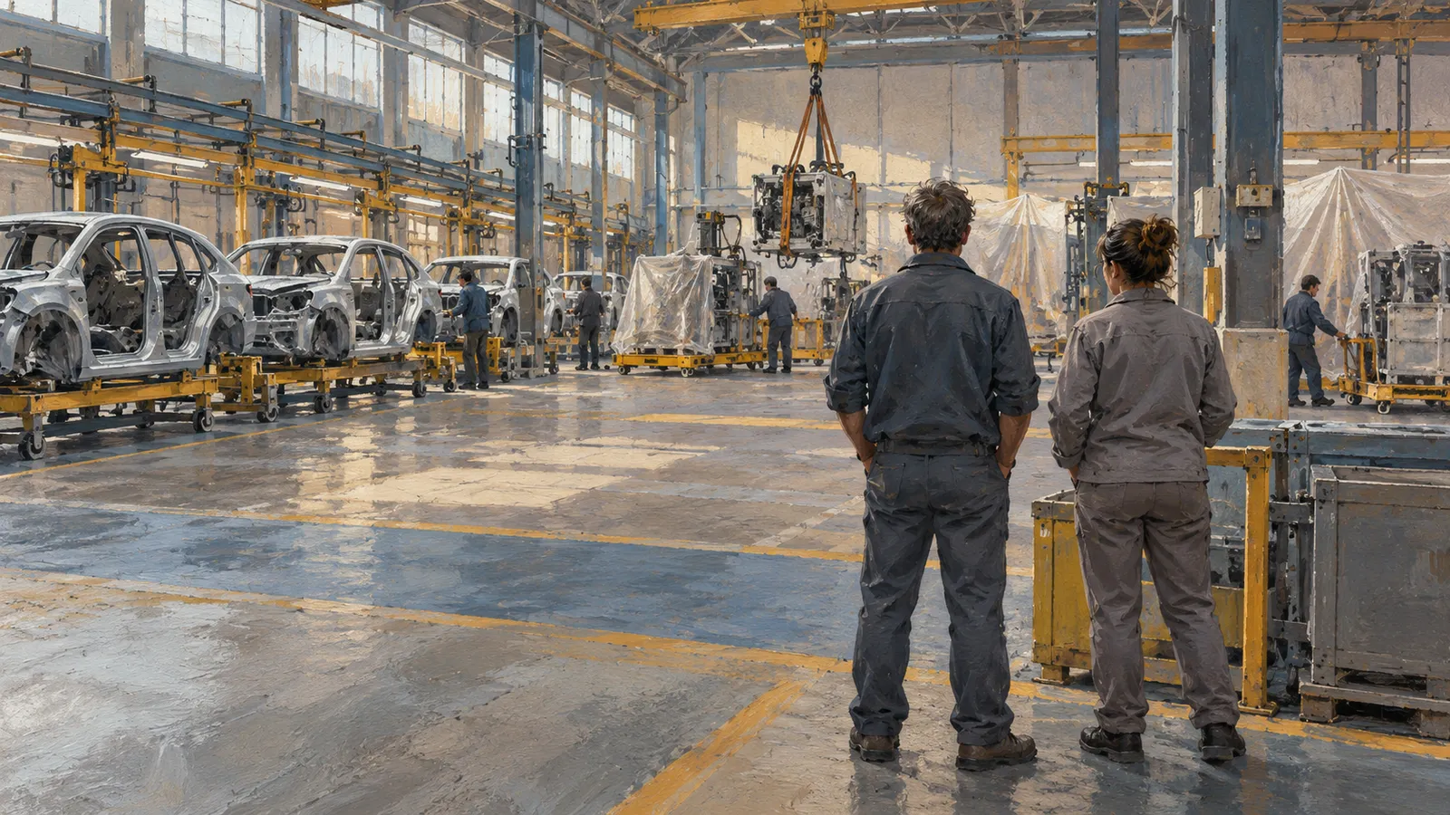 Two workers seen from behind stand in a car factory, facing unfinished car bodies, other workers and machinery suspended from an overhead crane. SI illustration