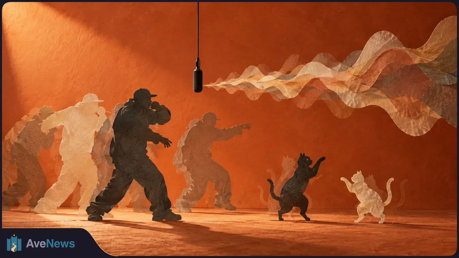 On an orange stage, layered silhouettes of performers and cats pose beneath a hanging microphone as translucent sound waves sweep across the scene. SI illustration