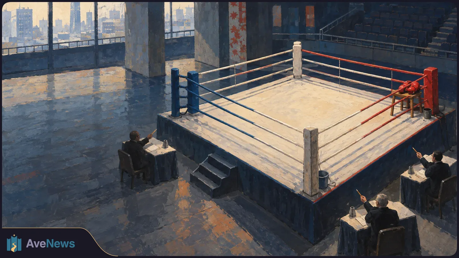 Three officials sit with pencils beside an empty boxing ring. Vacant seats and city buildings are visible beyond the arena. SI illustration