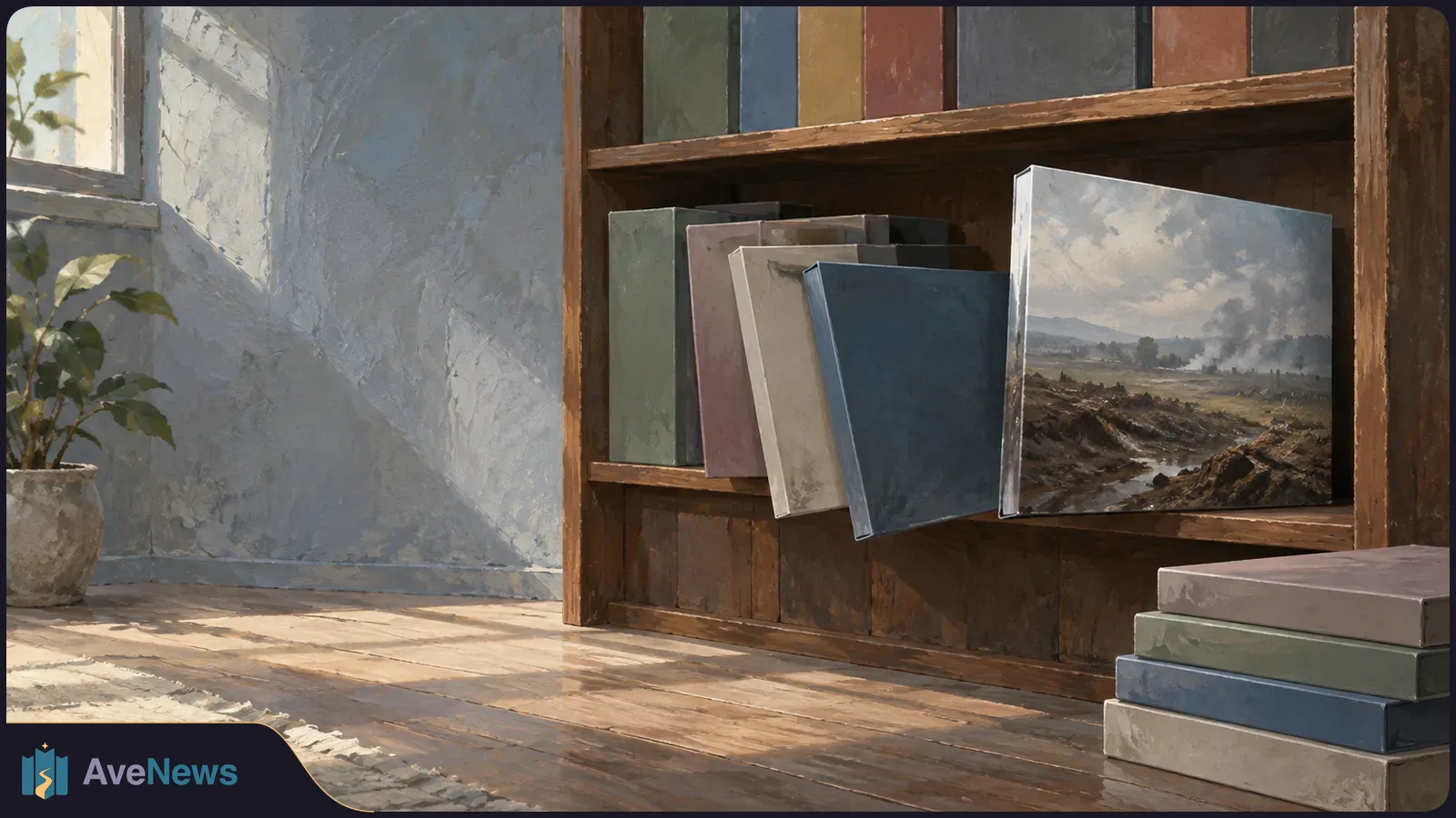 In a sunlit room, plain game cases line a wooden shelf. One cover shows a smoky, muddy battlefield; more cases are stacked on the floor. SI illustration
