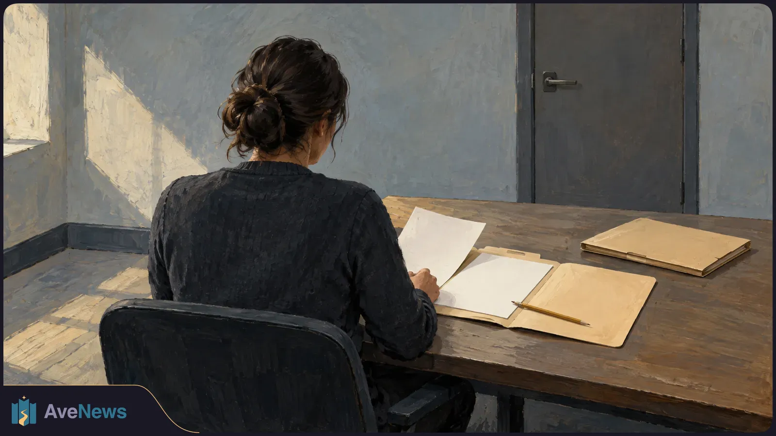 Painterly illustration of a woman seen from behind at a wooden table, looking at blank papers and folders in a sparse room with a closed door. SI illustration