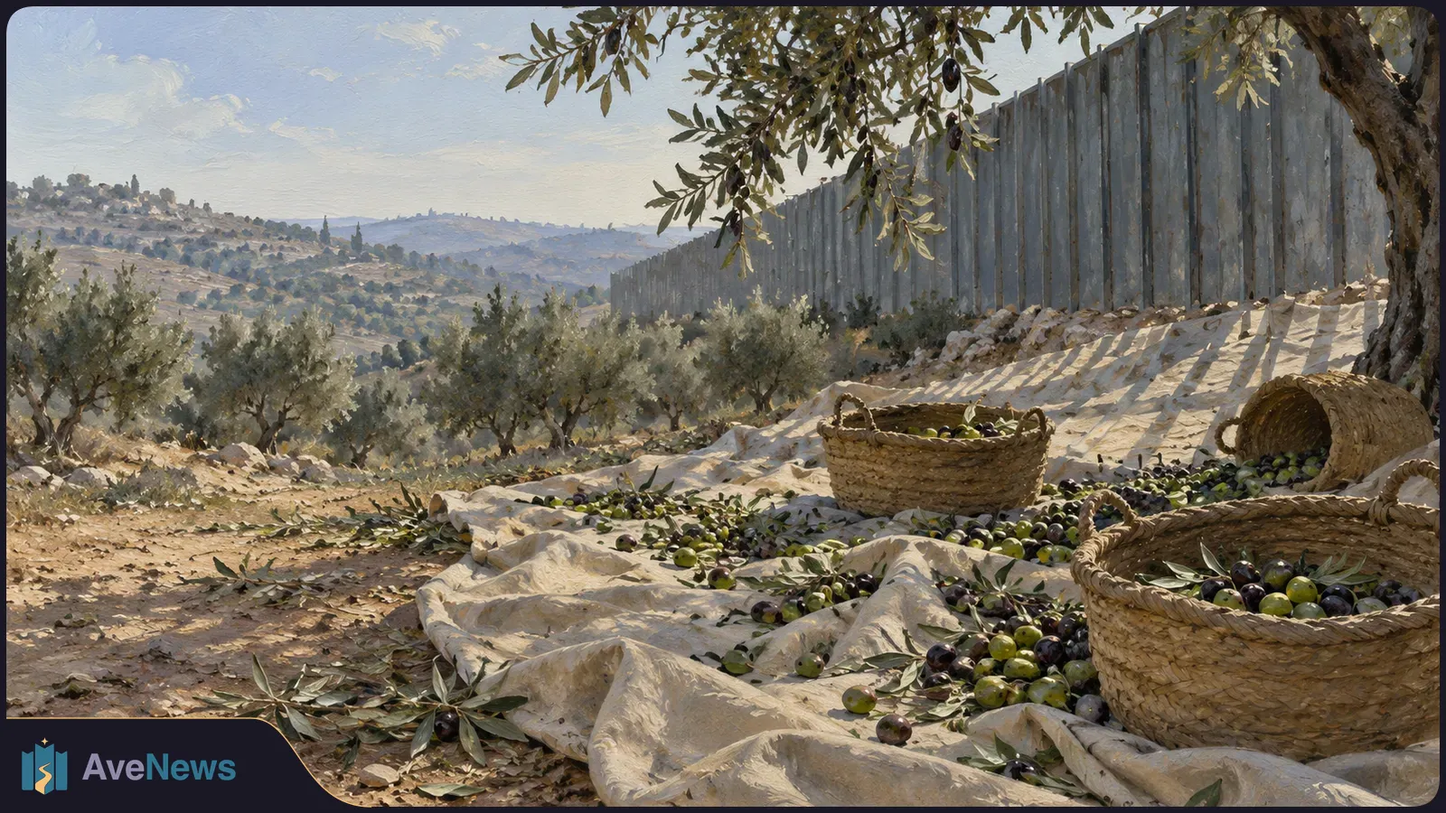 Olives and leafy branches lie on pale cloths beside woven baskets in a sunlit grove; a tall metal fence runs along the hillside. SI illustration