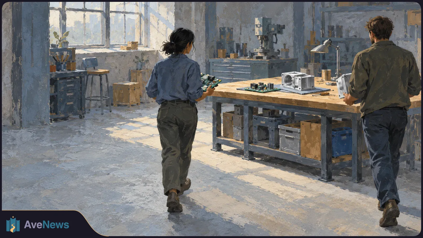 Illustration of two people in a sunlit workshop carrying a circuit board and a metal component toward a workbench covered with electronics and machine parts. SI illustration