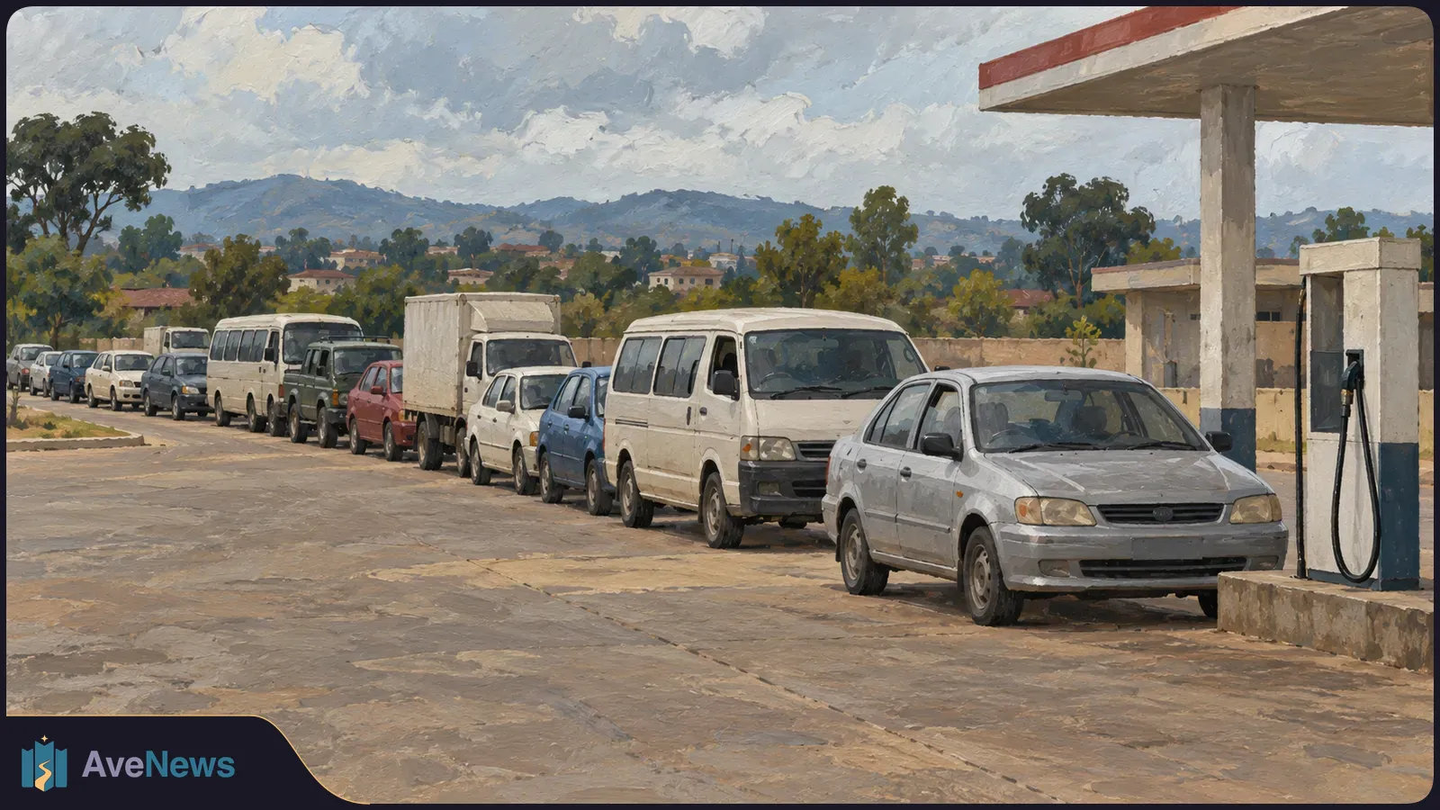 A painted scene of cars, vans and a truck lined up beside a fuel pump, with trees, buildings and hills in the background. SI illustration