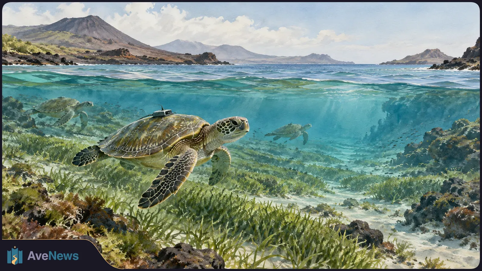 A painting shows three sea turtles swimming over seagrass in shallow water. The large foreground turtle has a small device on its shell; rocky islands rise beyond the waterline. SI illustration