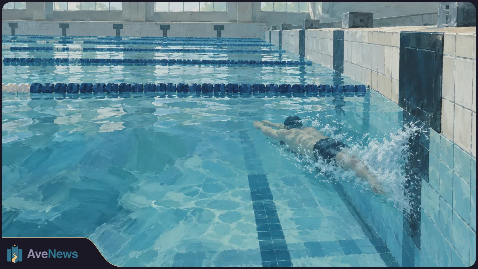 Painterly view of an indoor lap pool, with a capped swimmer moving away from the wall through splashing blue water. SI illustration