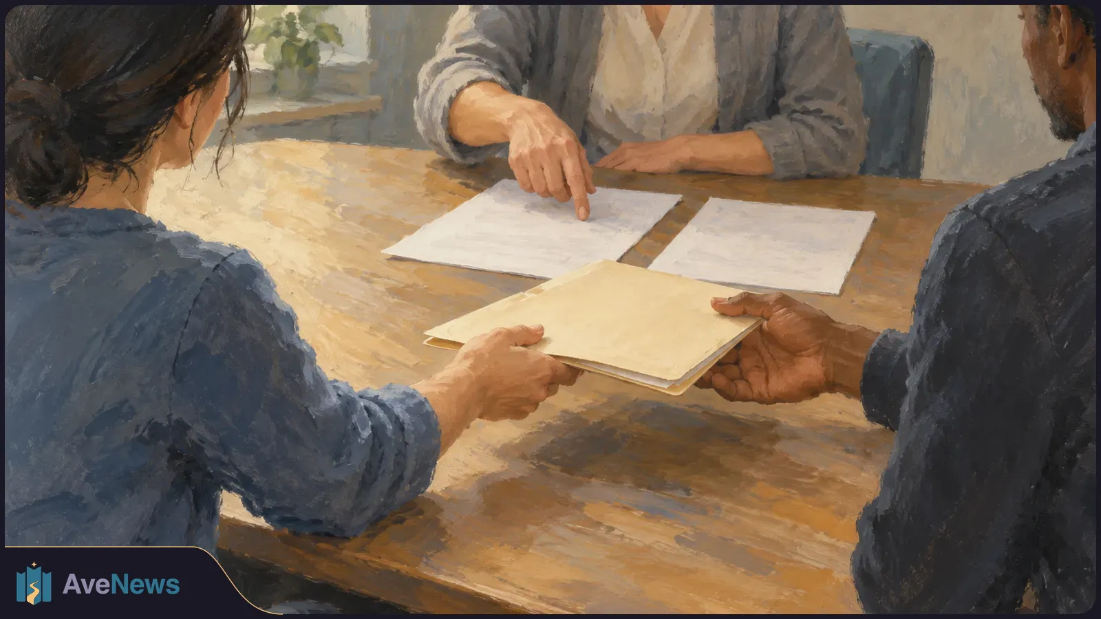Painterly illustration of three adults seated around a wooden table. One points to papers while the other two hold a pale folder between them. SI illustration