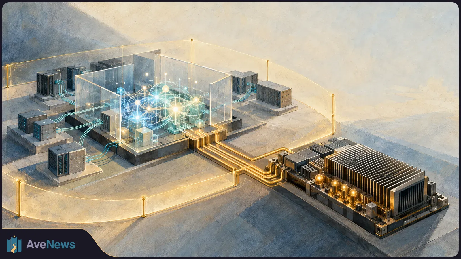 Server cabinets and glowing network nodes sit behind transparent barriers, with gold cables leading to a large chip. SI illustration