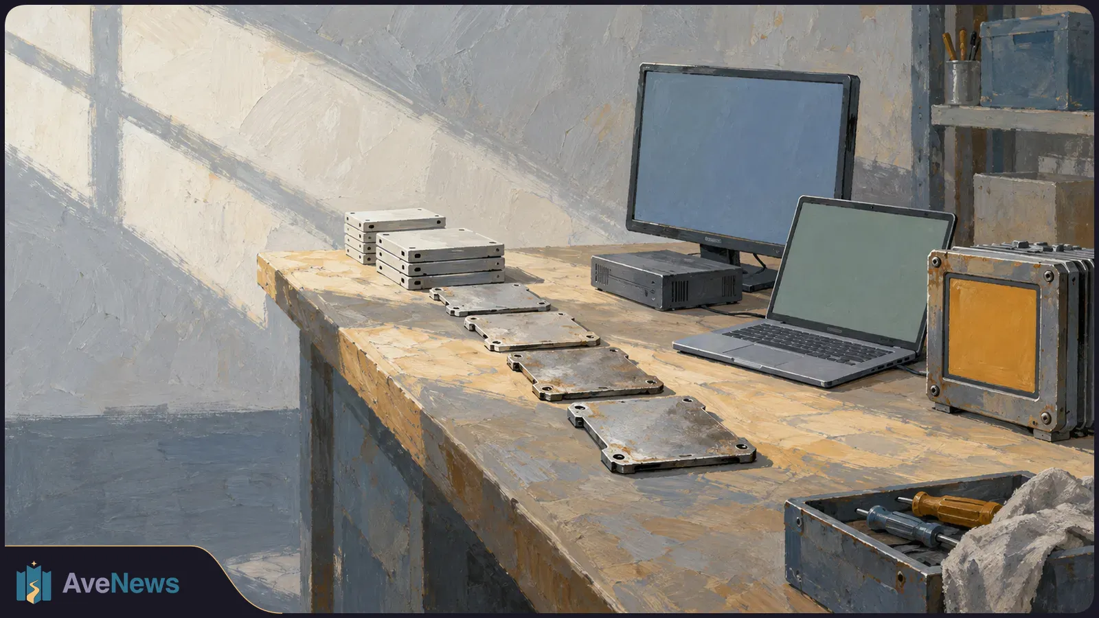 Painted workbench with stacked electronic units, metal plates, a laptop and monitor with blank screens, and an open toolbox. SI illustration