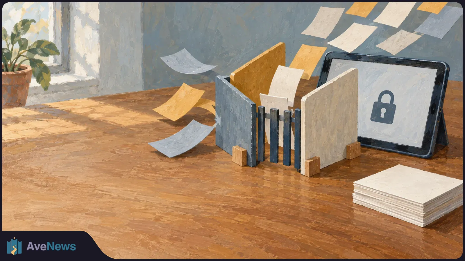 Painted illustration of folders and loose sheets on a wooden desk, with a tablet behind them showing a padlock symbol. SI illustration