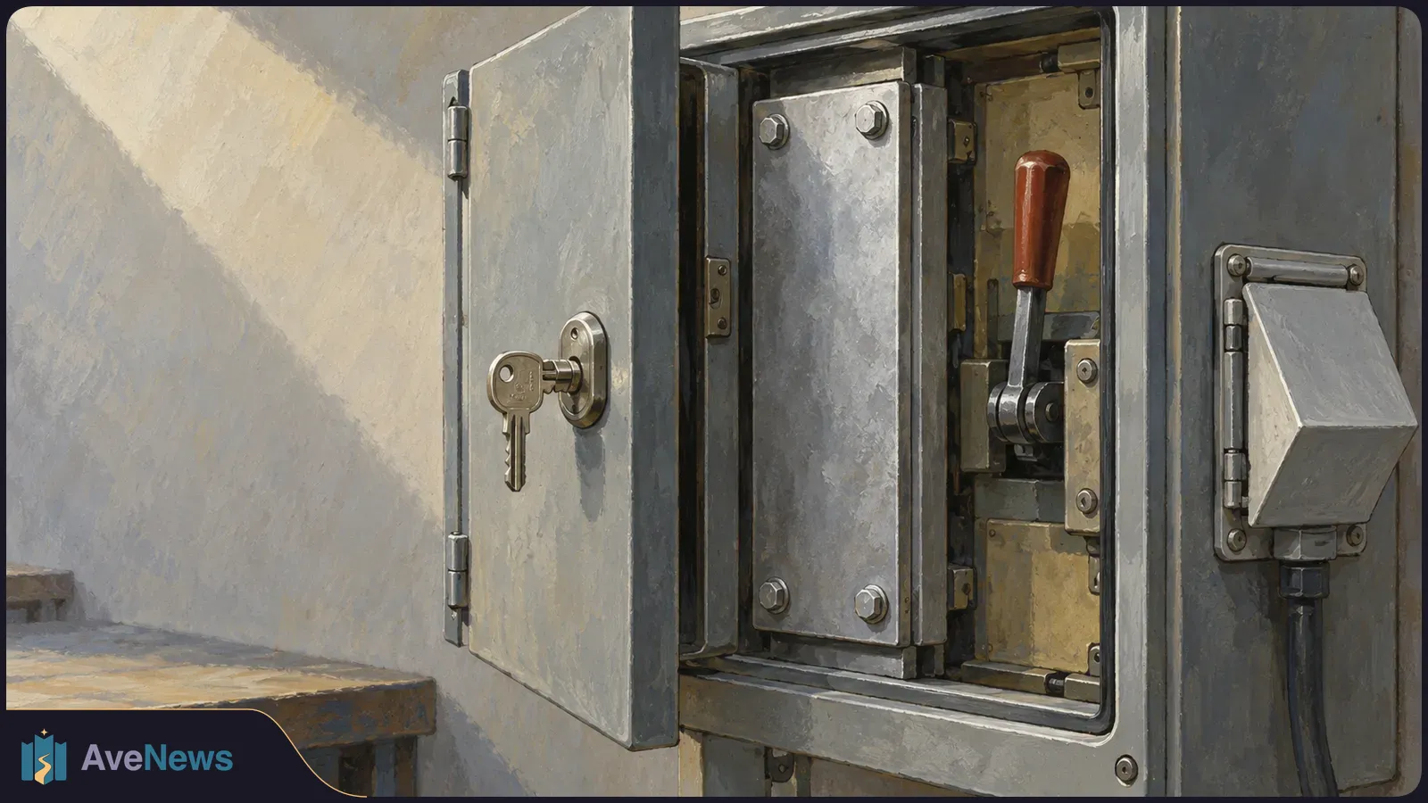 Illustration of an open metal cabinet with a key in its door, a bolted panel and a red-handled lever inside. SI illustration