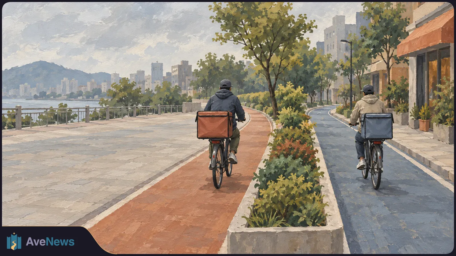 Painted illustration of two cyclists with delivery boxes riding along separate paths divided by a planted median, beside a waterfront and city buildings. SI illustration