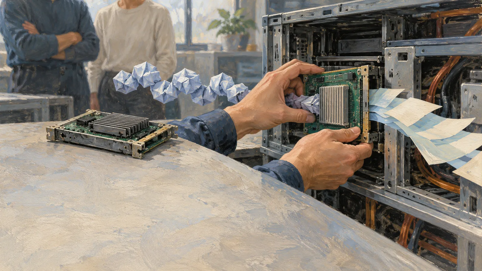 Illustration of hands fitting a circuit board into an open machine, with folded shapes and sheets flowing through it. Another board sits on the table as two people watch. SI illustration