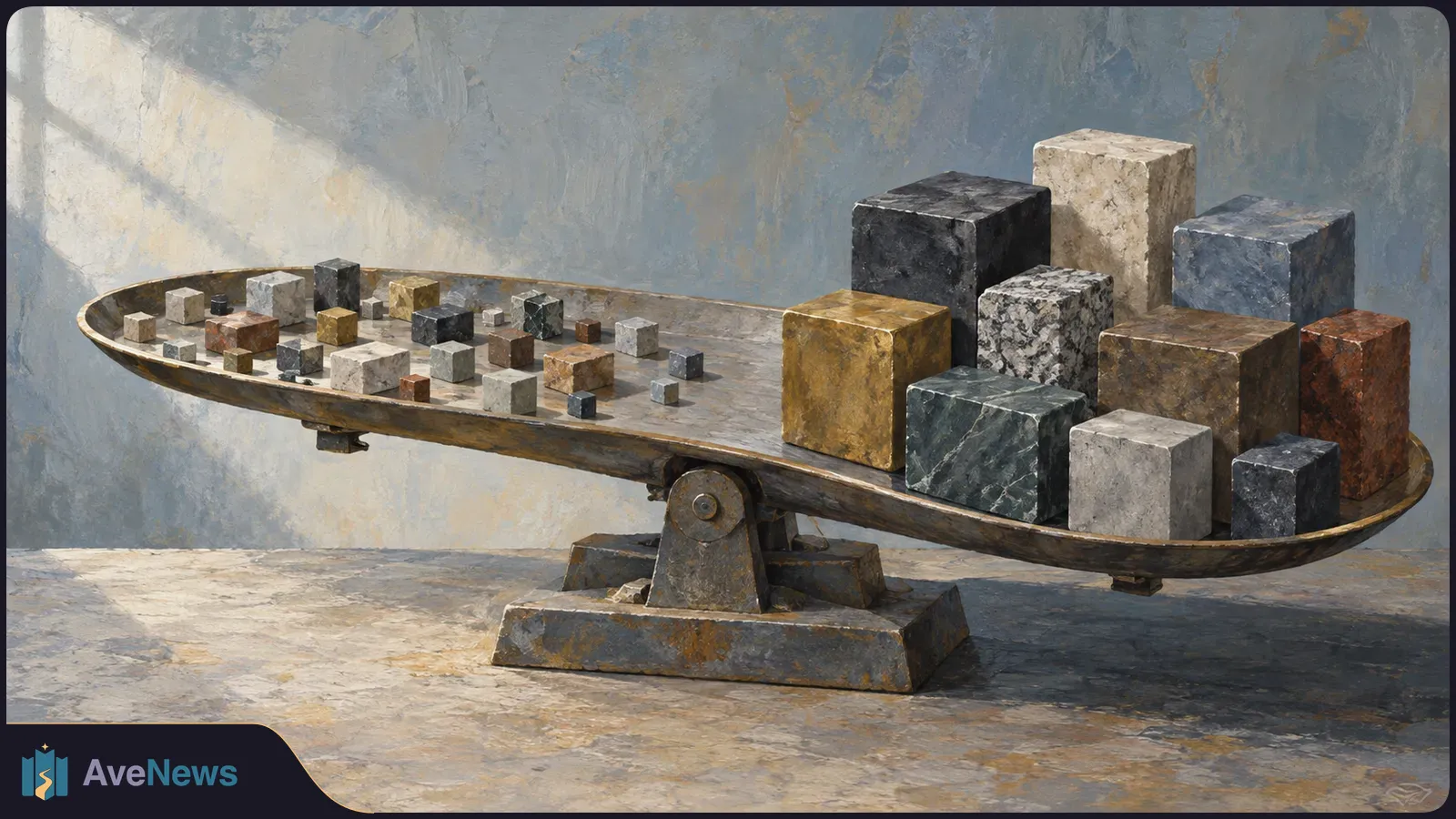 A painted balance tilts toward a few large stone cubes on the right, opposite many small cubes on the left. SI illustration