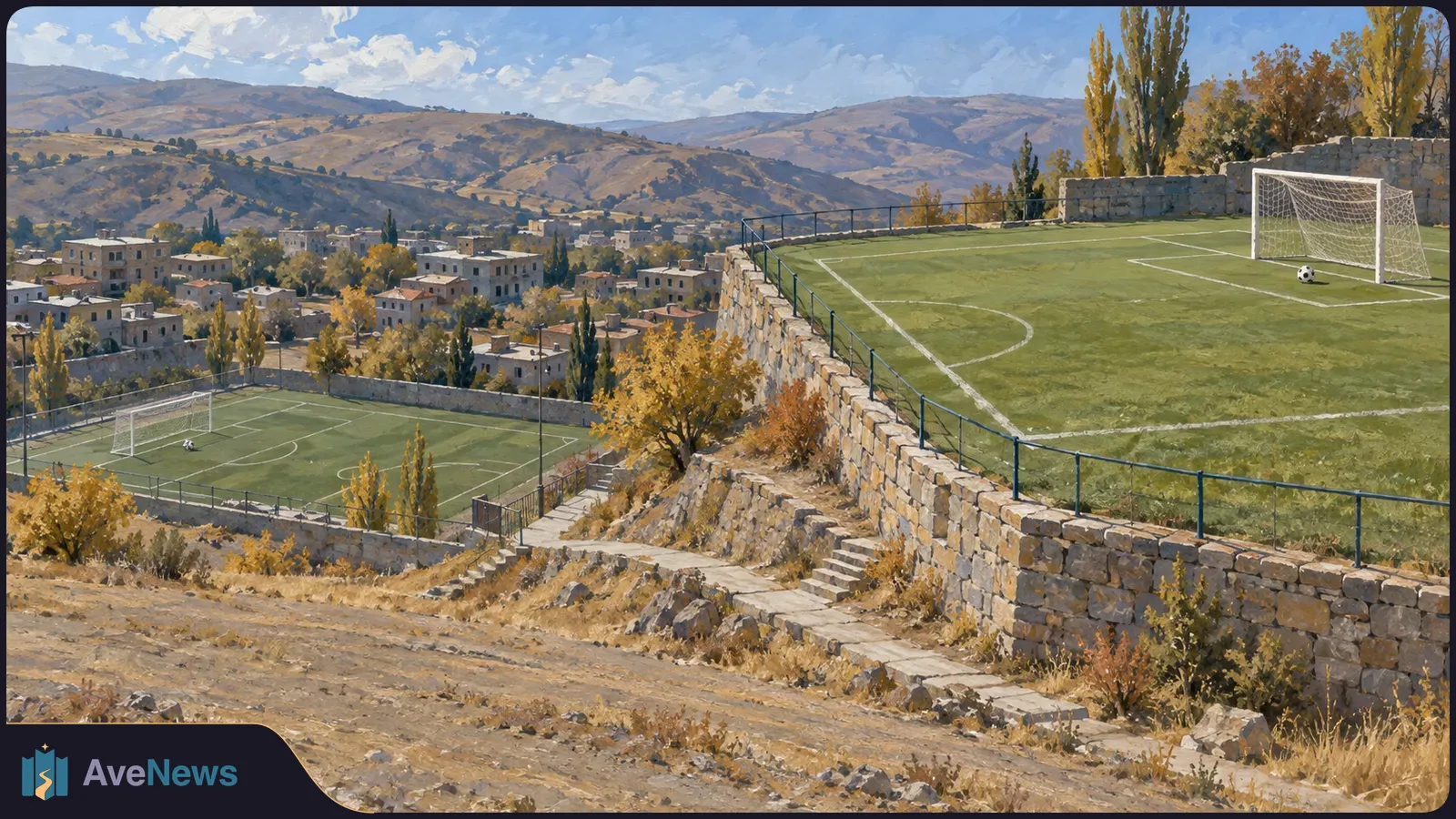 Painted hillside landscape with two empty football pitches, goals and balls, above a village and dry mountains. SI illustration