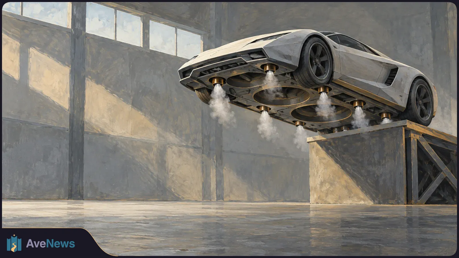 A silver sports car hovers in a large hall, with white plumes spraying downward from nozzles beneath it. SI illustration