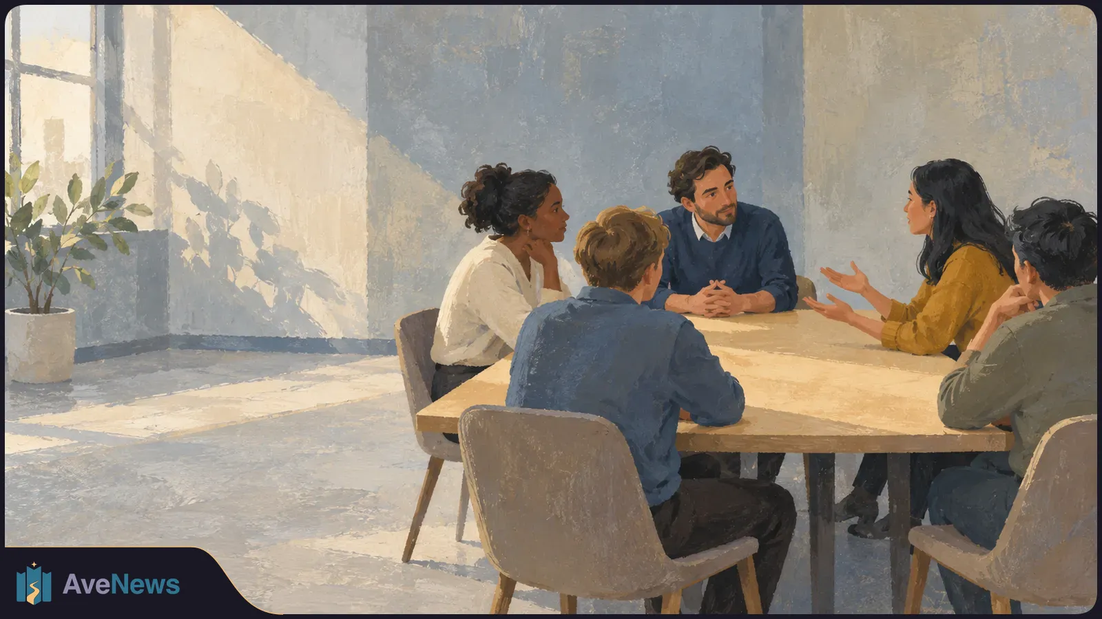 Illustration of five people seated around a meeting table. A woman gestures as the others listen in a sunlit room. SI illustration