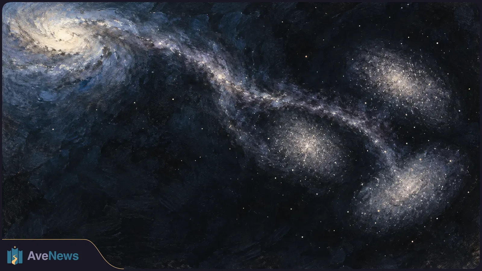 Painted galaxies glow against a dark, star-speckled sky, with a hazy band stretching between them. SI illustration