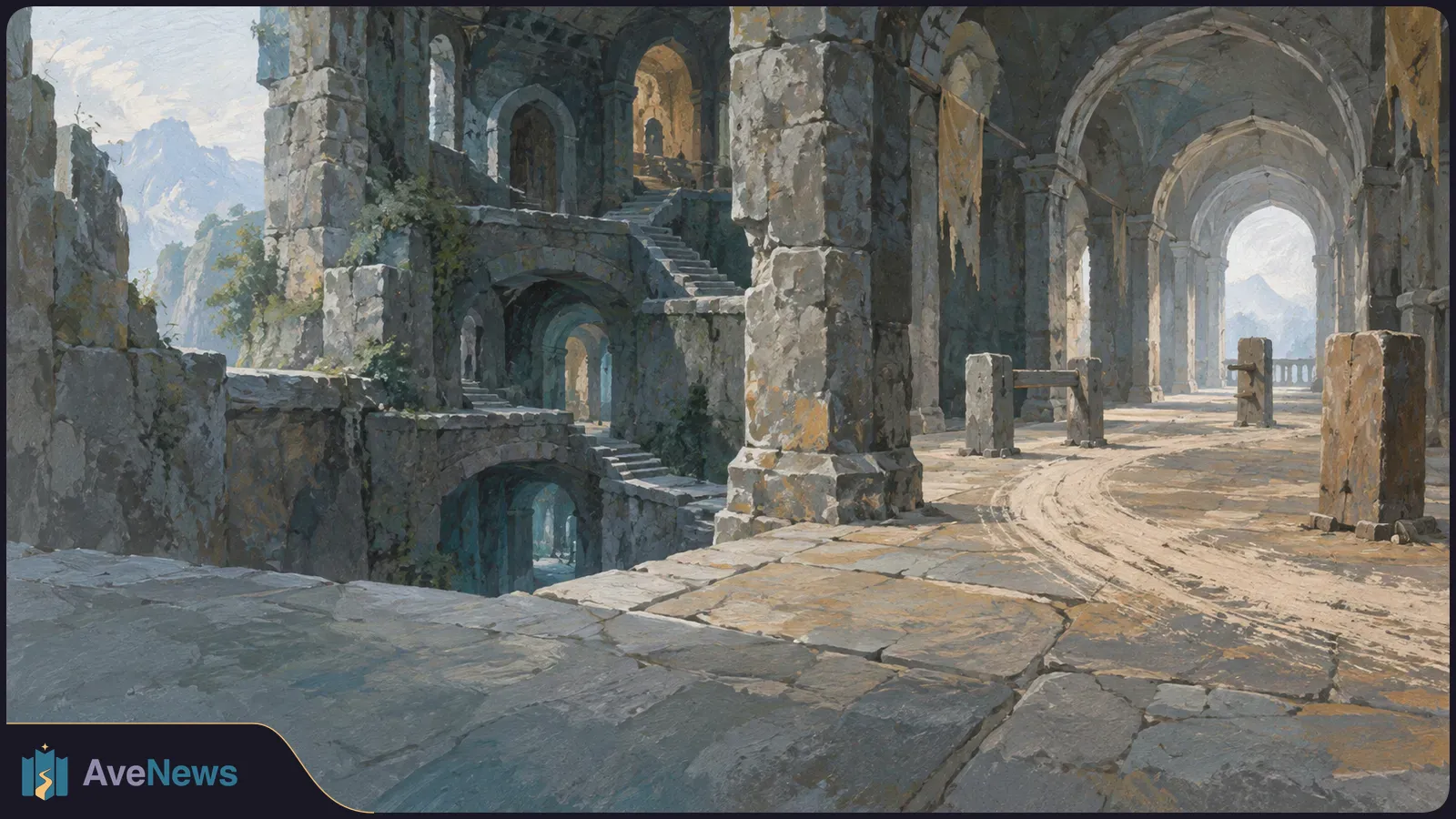 Painted stone castle ruins with vaulted archways, staircases and a sunlit passage overlooking distant mountains. SI illustration