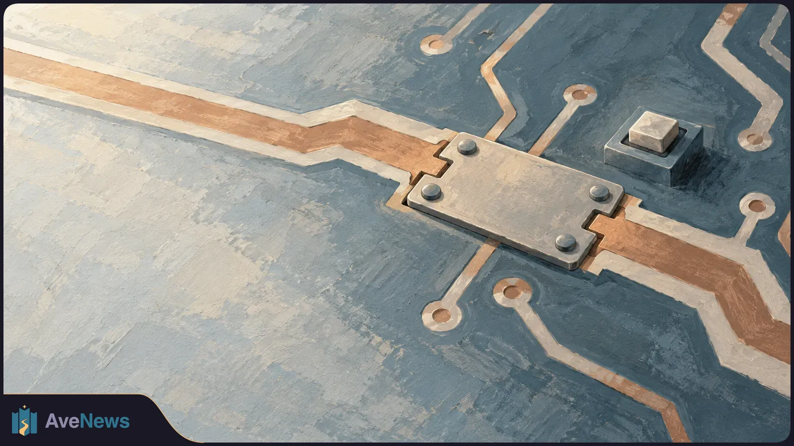 Painterly close-up of a blue-gray circuit board with copper traces, a metal plate held by four fasteners, and a small square component. SI illustration