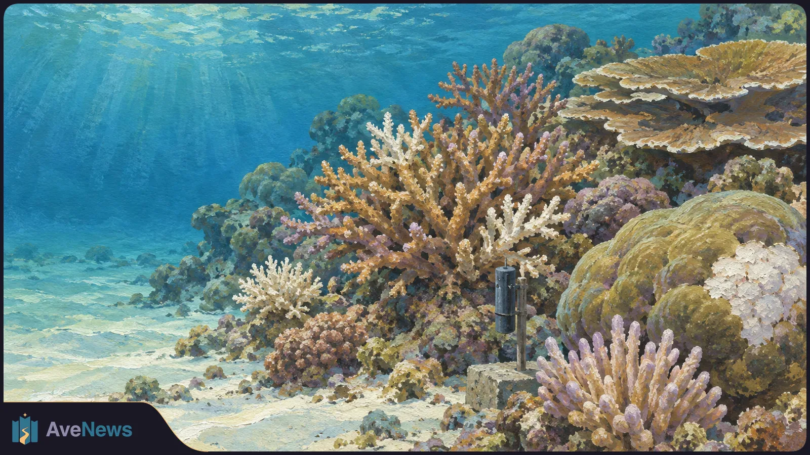 Painted underwater scene with branching and plate corals beside a sandy seabed; a small dark cylindrical instrument stands among the reef. SI illustration