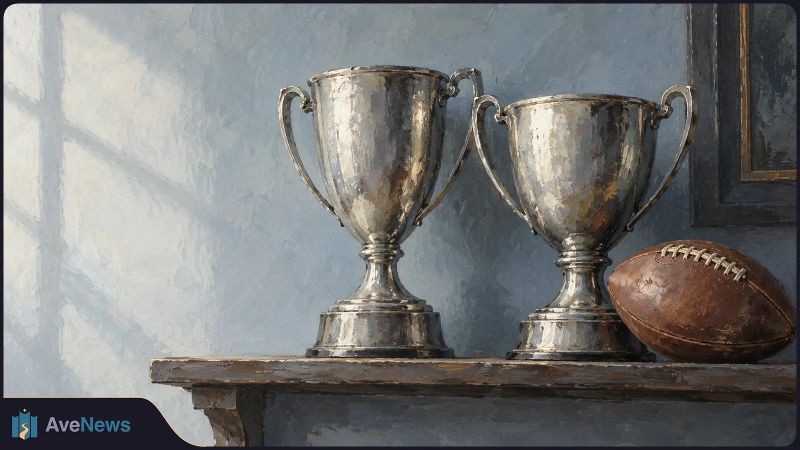 Illustration of two silver trophies and a brown American football resting on a wooden shelf against a blue-gray wall. SI illustration