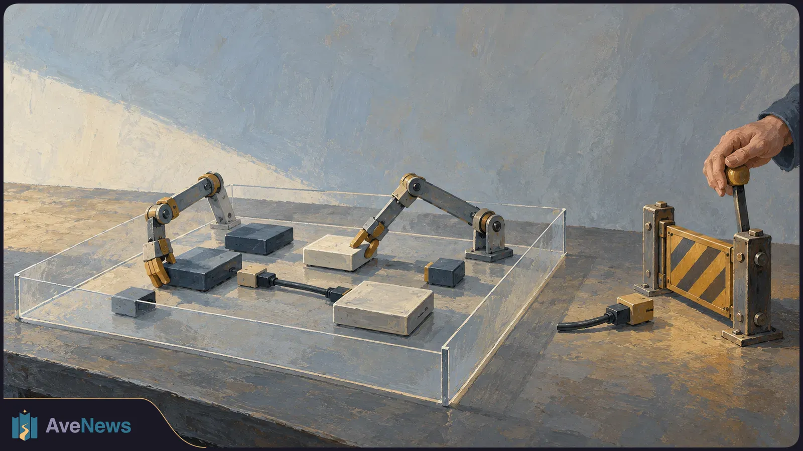 Painted illustration of two robotic arms and several blocks inside a clear enclosure on a workbench. At right, a hand holds a lever beside a yellow-and-black striped gate. SI illustration