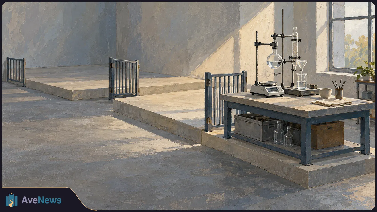 Illustrated sunlit lab with glassware and clamps on a workbench, papers and pencils beside them, and empty raised areas with blue railings behind. SI illustration