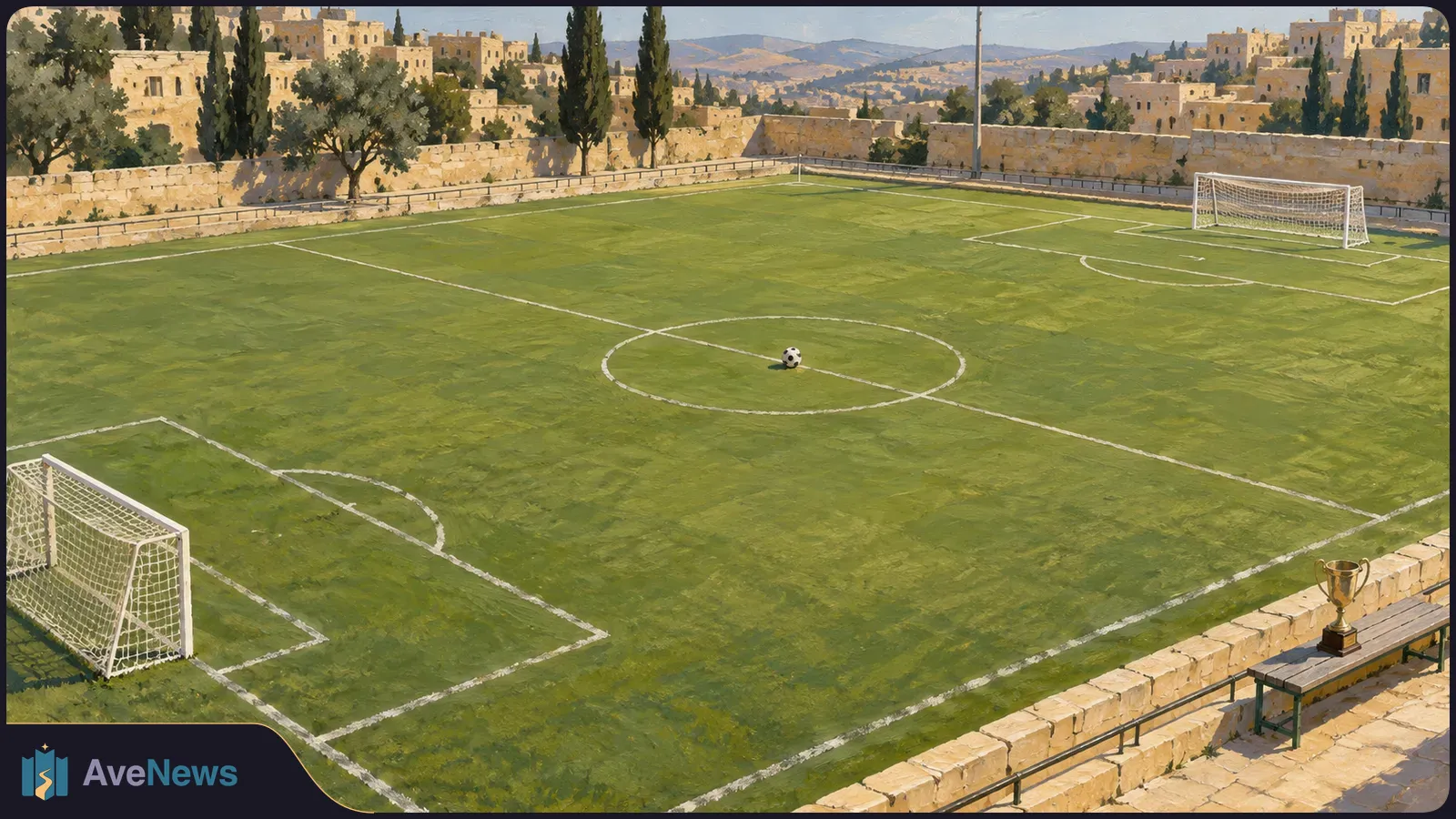Painted view of an empty football pitch with a ball at midfield, two goals, and a trophy on a bench beside the field. SI illustration