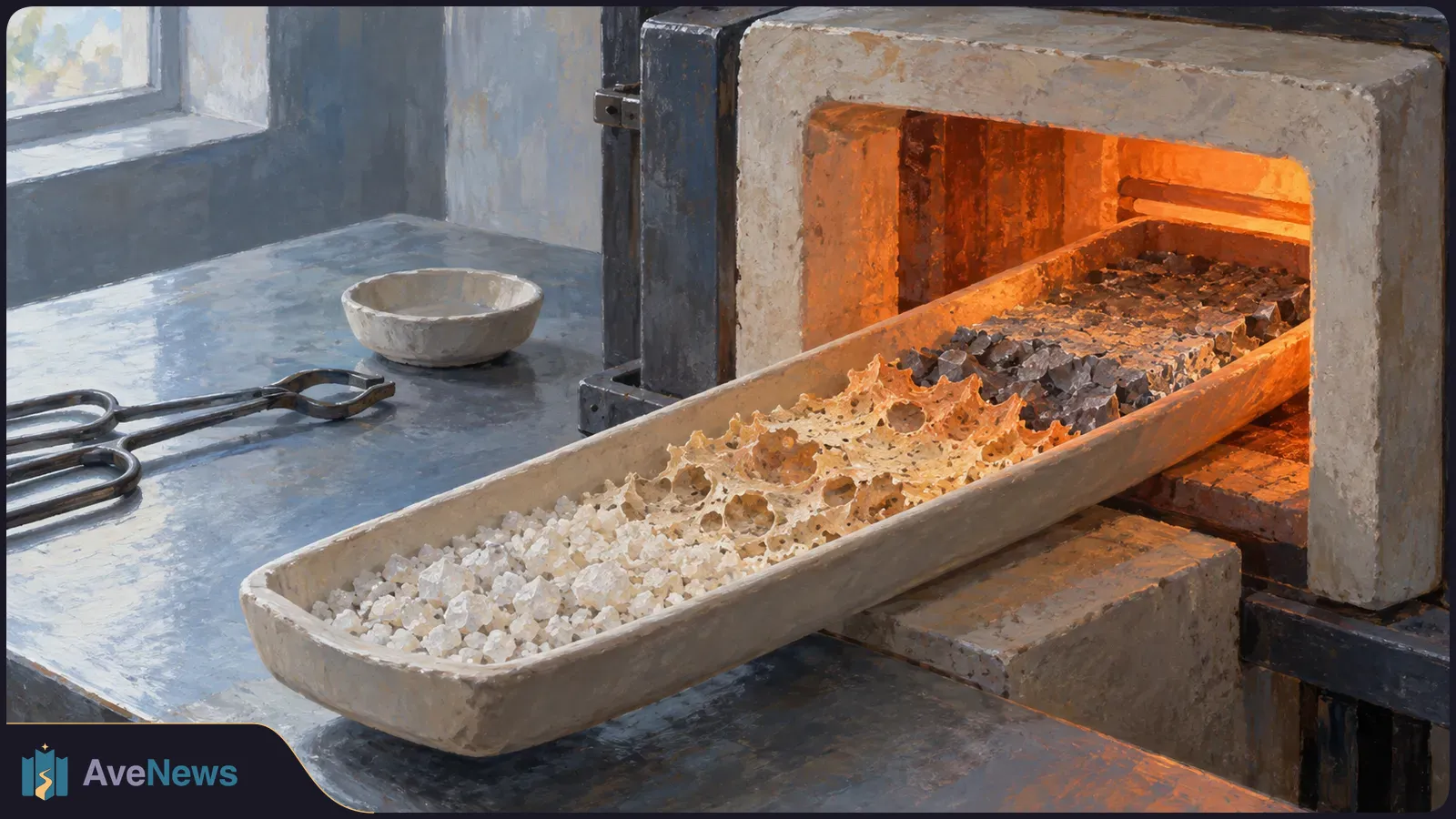 A long tray of pale crystals, porous amber material and dark granules extends into a glowing furnace. Tongs and a small bowl sit on the bench nearby. SI illustration
