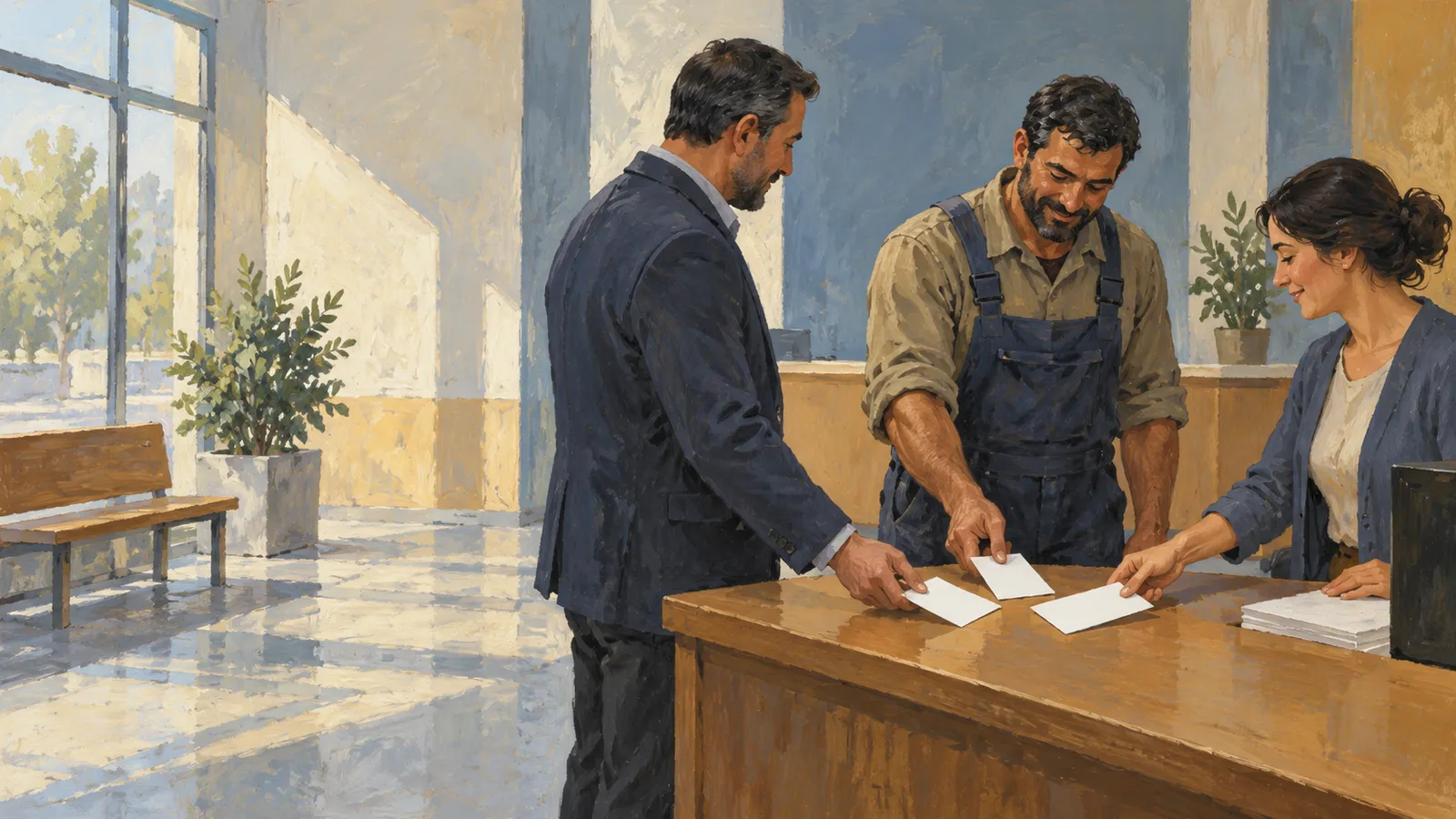 Illustration of two men and a woman handling blank cards at a wooden counter in a sunlit room. SI illustration