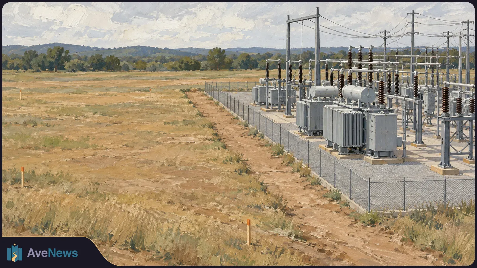 Painted view of a fenced electrical substation with transformers and power lines beside an open, dry field. Trees and low hills stretch across the background. SI illustration