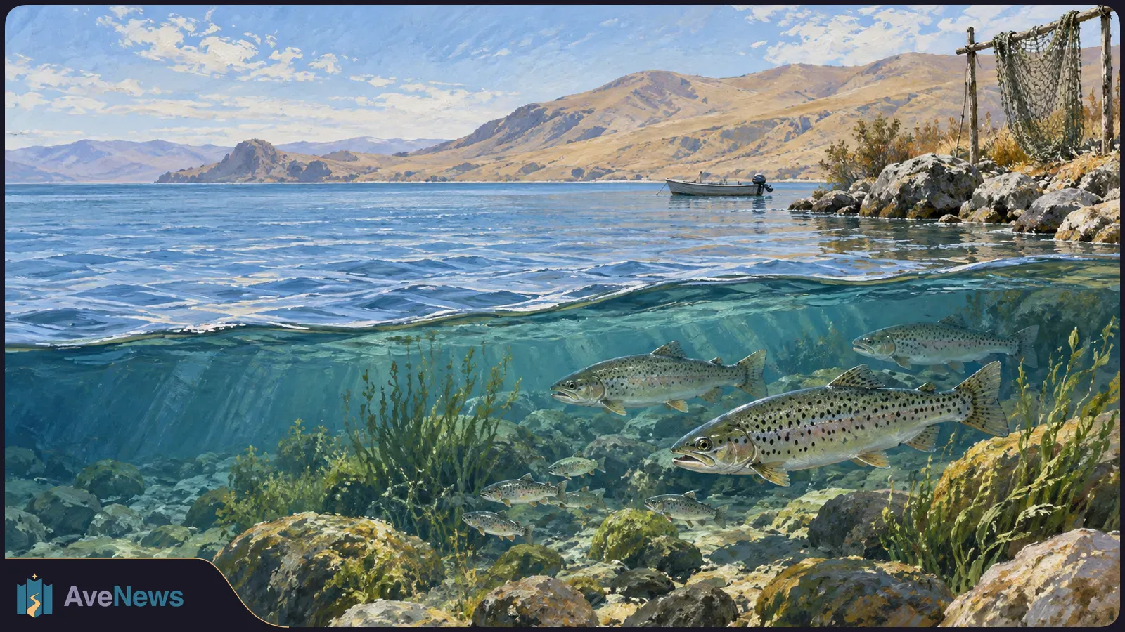 Painted view above and below a lake’s surface: spotted fish swim over a rocky, weedy bed; a small boat, shoreline net and dry mountains sit beyond. SI illustration