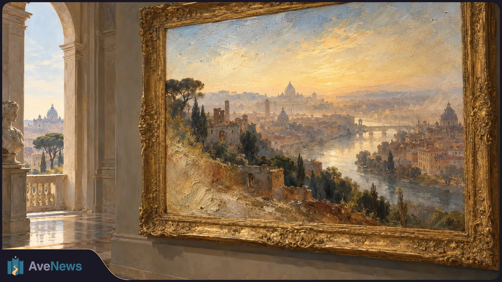 A large gold-framed painting of a sunlit river winding through a domed city hangs in a grand gallery beside an archway and marble bust. SI illustration