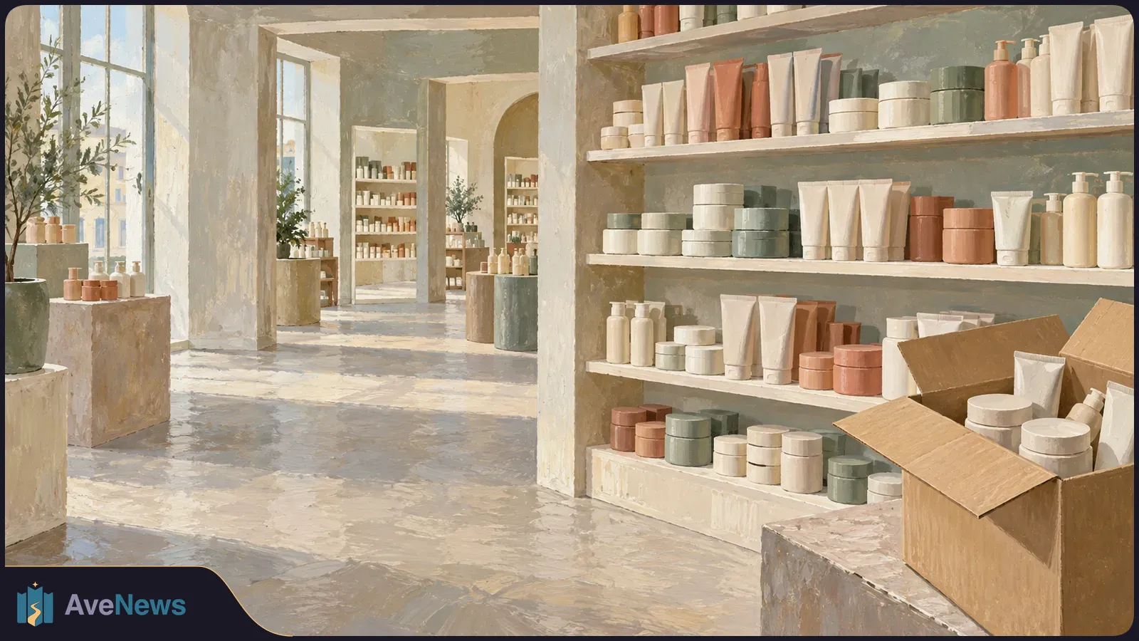 Painted beauty shop interior with shelves of unmarked skincare jars, tubes and bottles, and an open cardboard box in the foreground. SI illustration