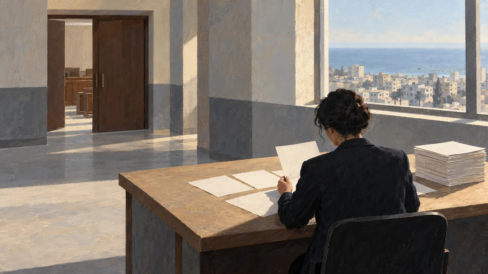 A person in a dark jacket sits at a desk with sheets of paper, facing a window overlooking buildings and the sea. An open doorway leads to a room with wooden benches. SI illustration