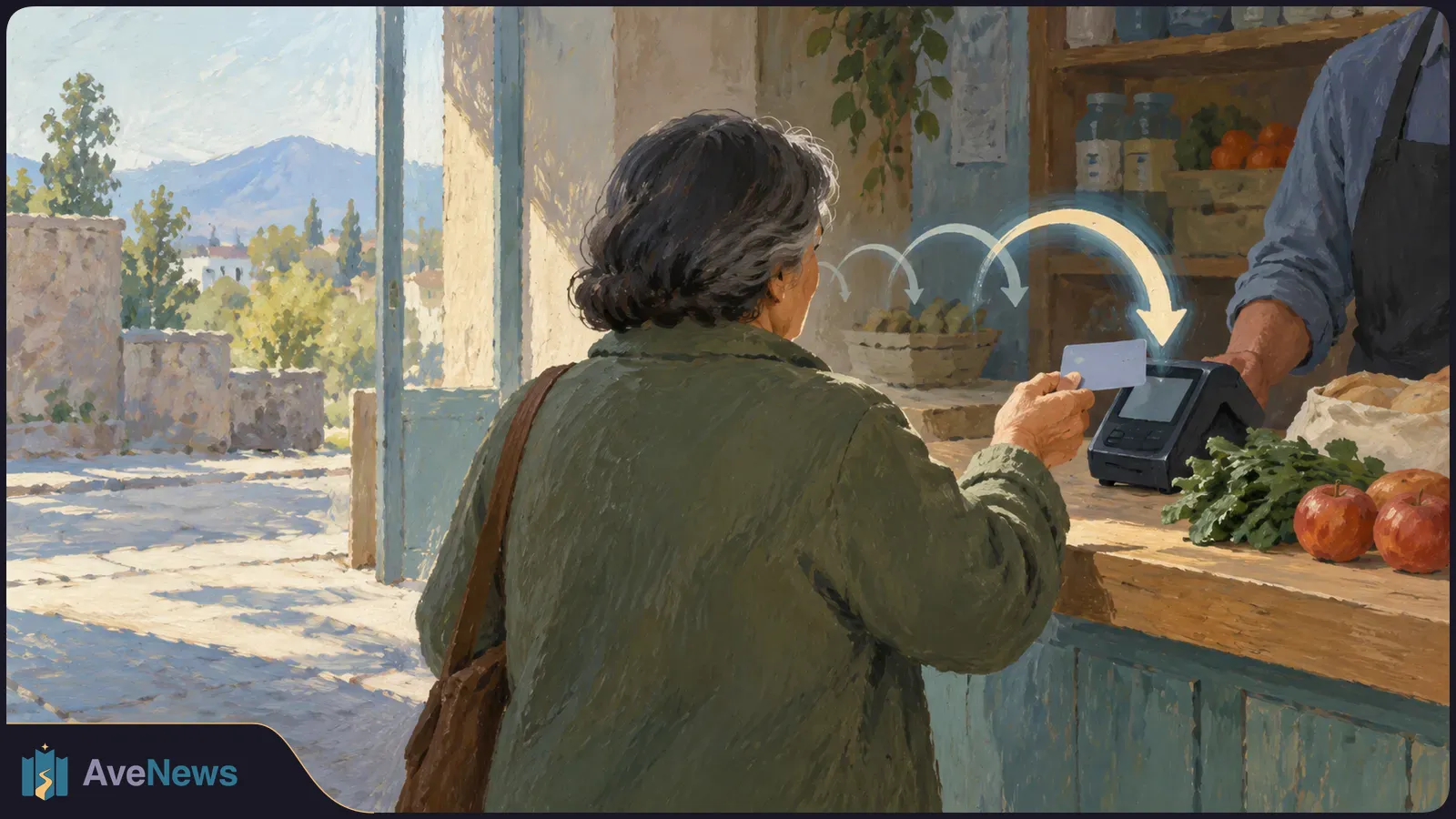 Painted scene of a gray-haired woman holding a card toward a payment terminal at a produce stall, with curved arrows above it and fruit and greens on the counter. SI illustration