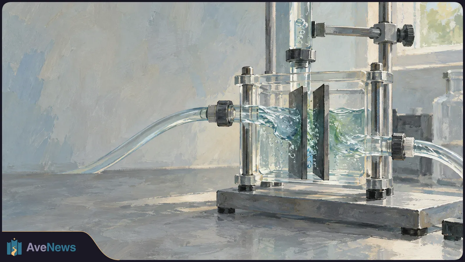 Painted laboratory apparatus with clear tubes carrying liquid through a transparent chamber between two dark plates on a metal stand. SI illustration