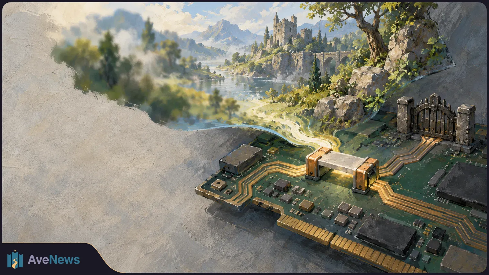 A painted circuit board with gold traces and chips blends into a winding path beside a lake, with trees, mountains, a castle and a small iron gate. SI illustration