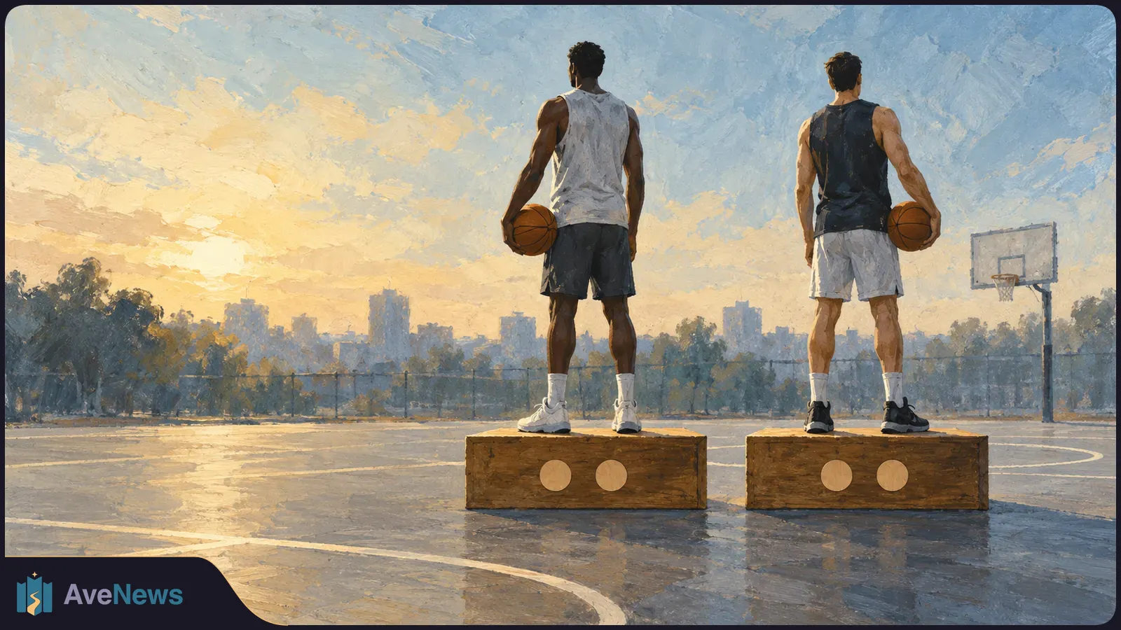 Painterly illustration of two basketball players seen from behind, each holding a ball and standing on a wooden box on an outdoor court at sunset. A hoop stands to the right. SI illustration