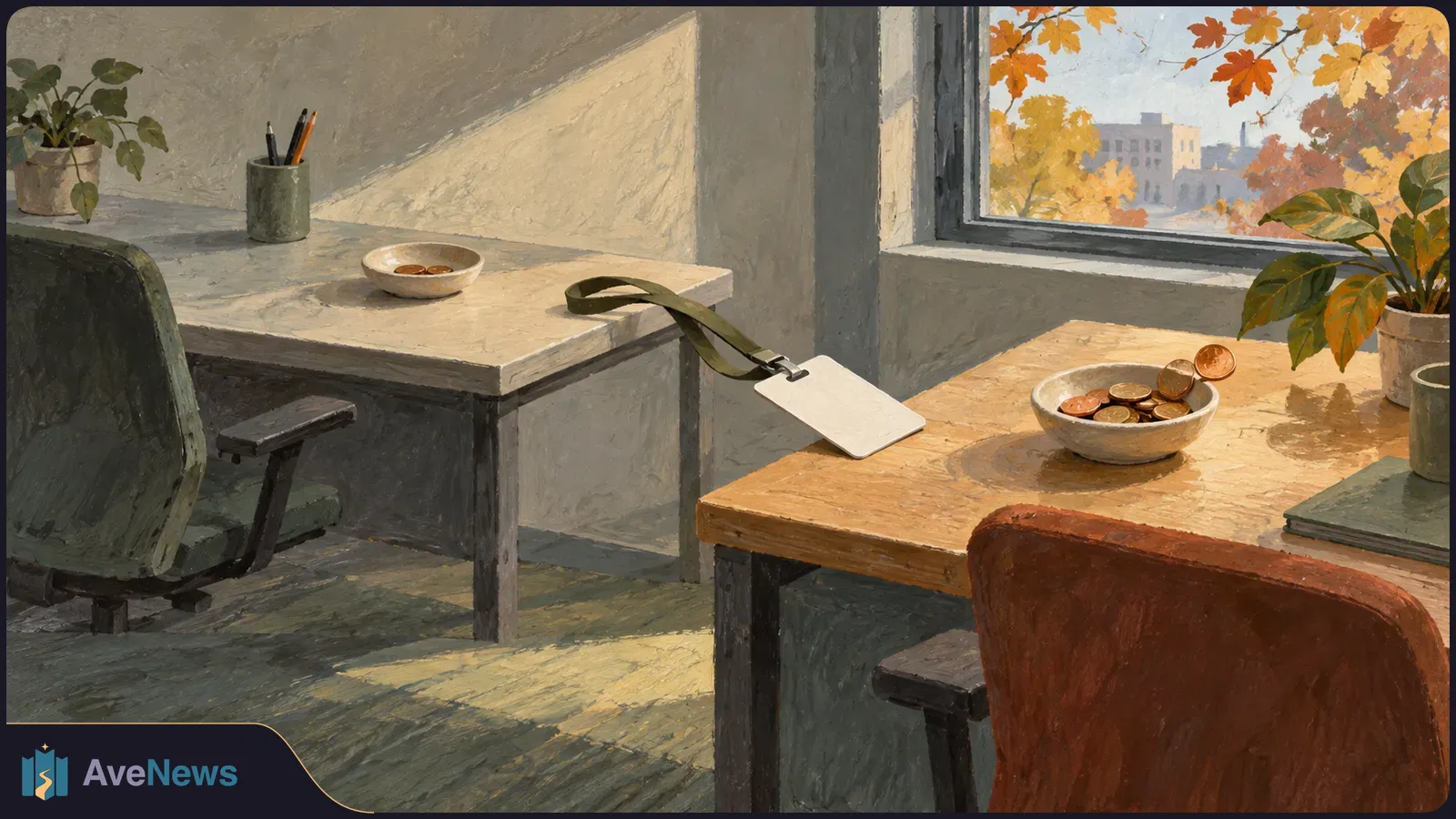 Painterly illustration of two empty desks by an autumn window. A blank badge hangs between them, and the bowl on the right desk holds more coins. SI illustration