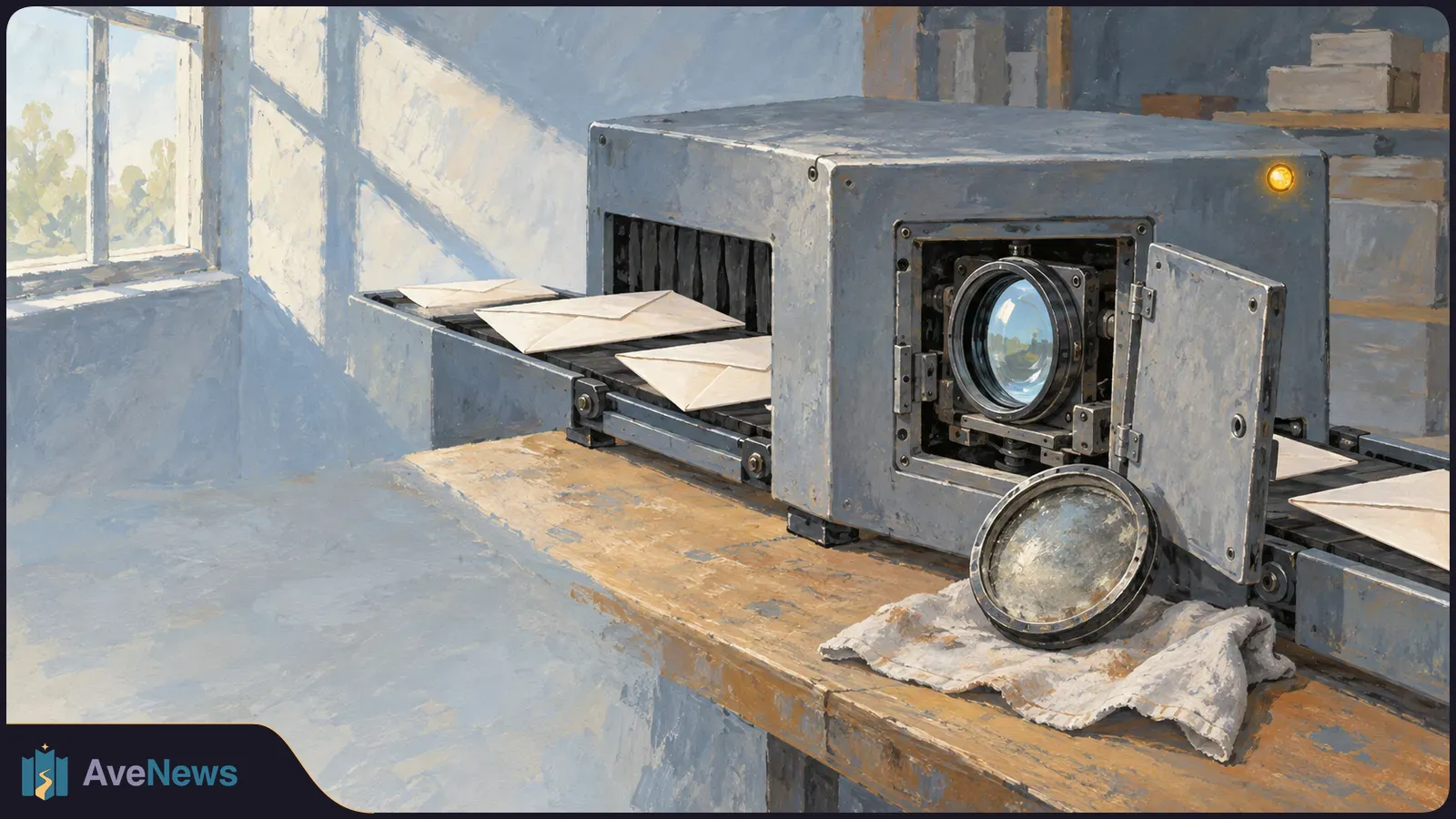 Painted illustration of sealed envelopes moving on a conveyor through a gray inspection machine with an open lens hatch in a sunlit room. SI illustration